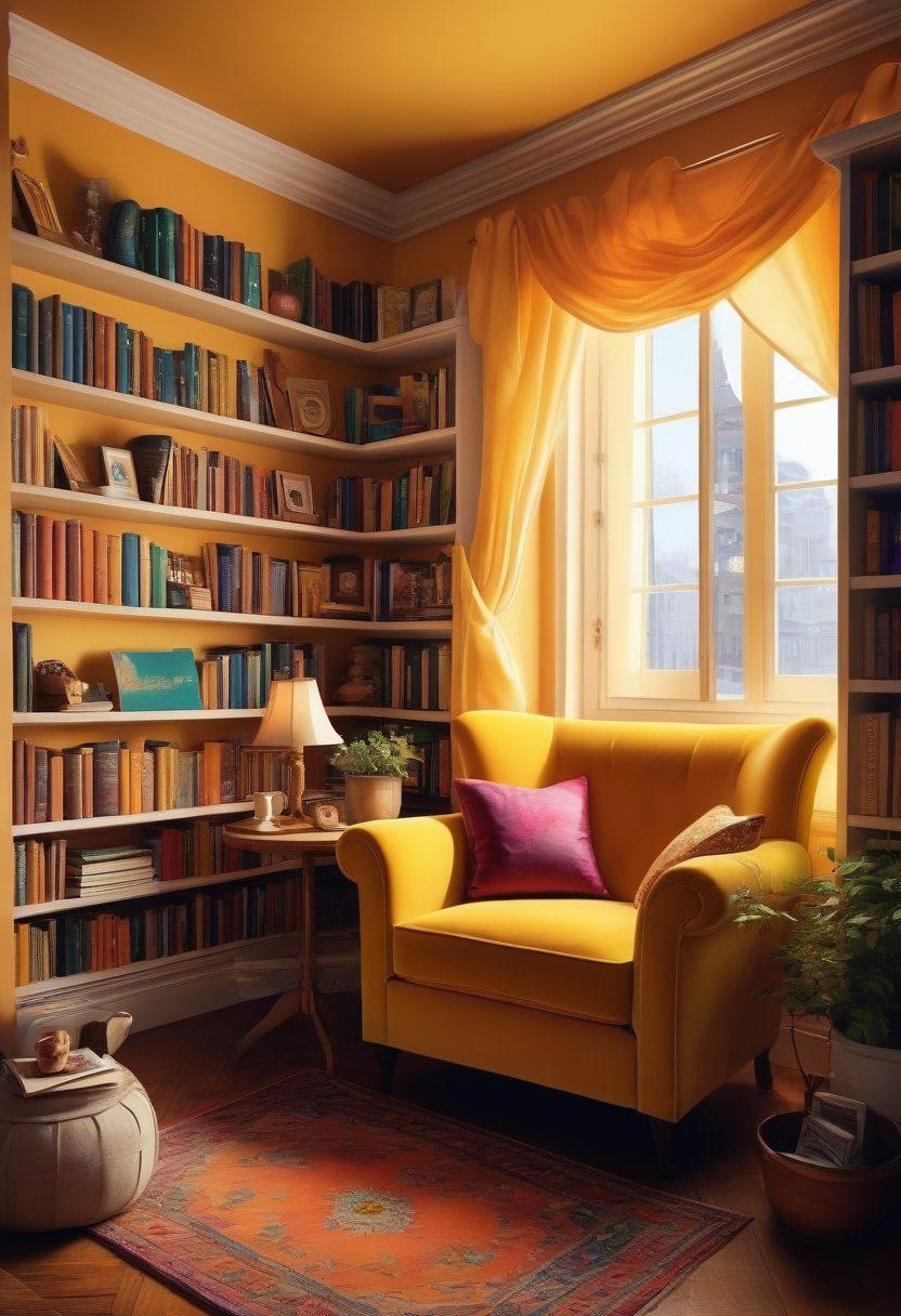 An enchanting bookshelf bursting with color, filled with novels of various genres, some books open with pages fluttering as if a breeze is flowing through. An inviting reading nook with a cozy armchair, a warm cup of tea on a table, and whimsical illustrations of characters from the stories emerging from the pages. Soft, ambient light casts a golden hue, highlighting the joy of reading and storytelling. super-realistic. vibrant colors. cozy atmosphere.