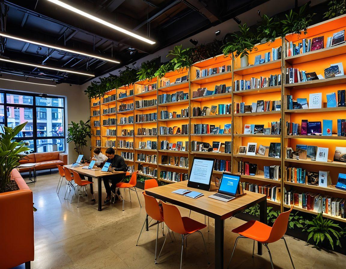 A vibrant digital library scene with diverse people engaging enthusiastically with tablets and e-readers, surrounded by stacks of colorful books and glowing screens. Include shelves filled with classics and contemporary titles, soft ambient lighting highlighting their expressions of joy and discovery. An inviting atmosphere with indoor plants and cozy seating. enchanting, modern, and bright colors.