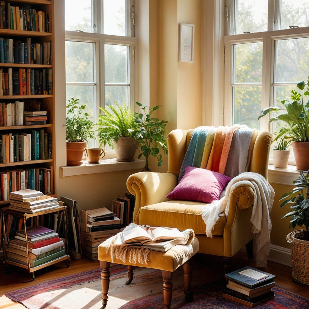 A cozy reading nook, filled with a variety of colorful books and a steaming cup of tea, sunlight streaming through a window showcasing a lush garden outside. An inviting chair with a soft blanket, a laptop open with an online book site visible on the screen, and a notepad filled with notes beside it. The atmosphere should feel warm and inspiring, encouraging exploration and creativity. vibrant colors. super-realistic.